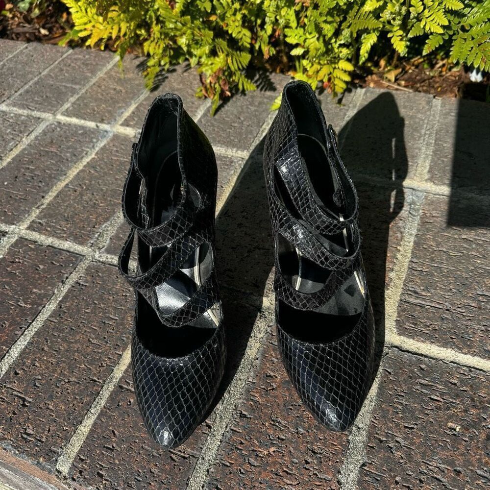 Loeffler‎ Randall Size 10.5 Black Snakeskin Mary Jane Strappy High Heels Shoes - Picture 2 of 10